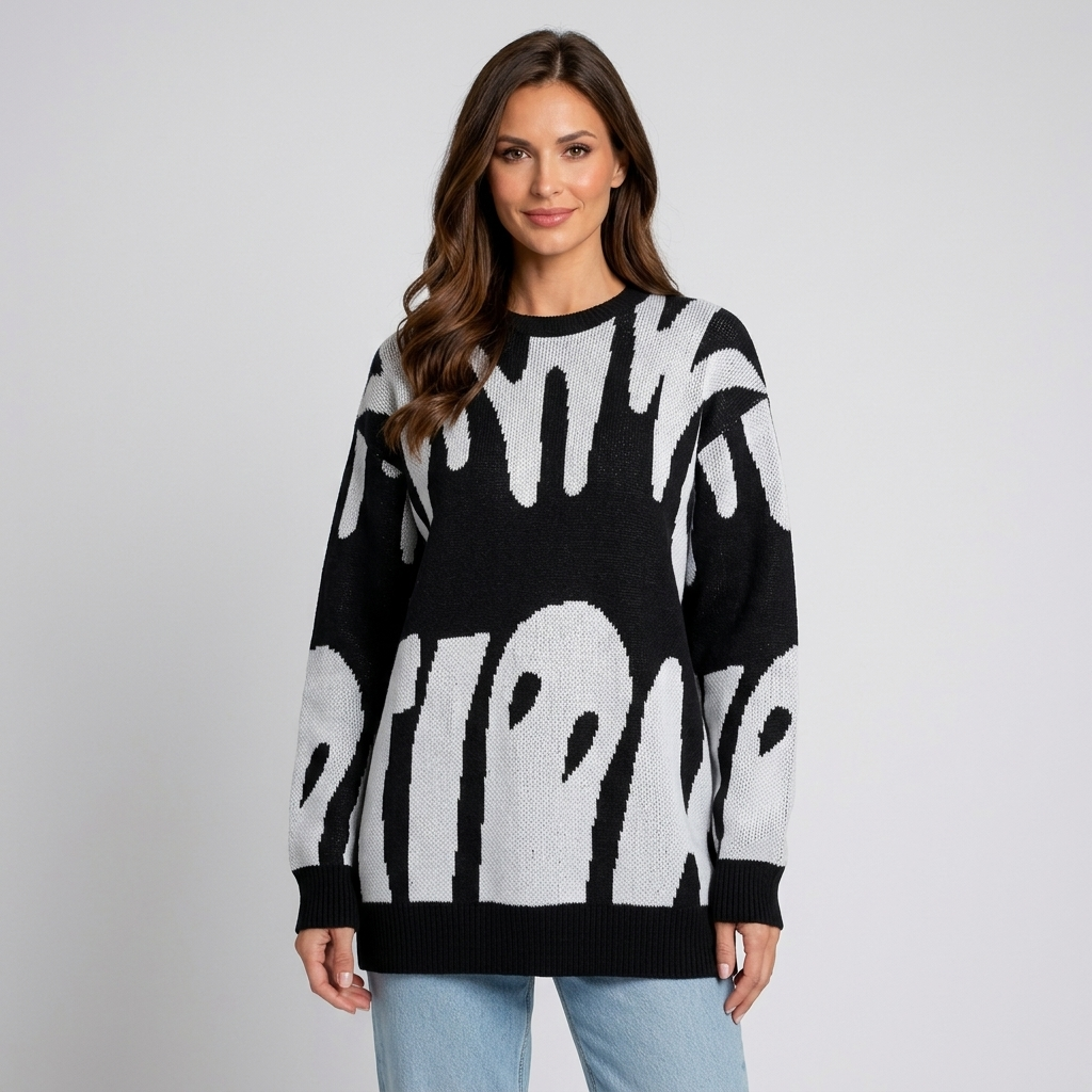 Women’s Abstract Knit Sweater – Crew Neck Long Sleeve Graphic Pullover