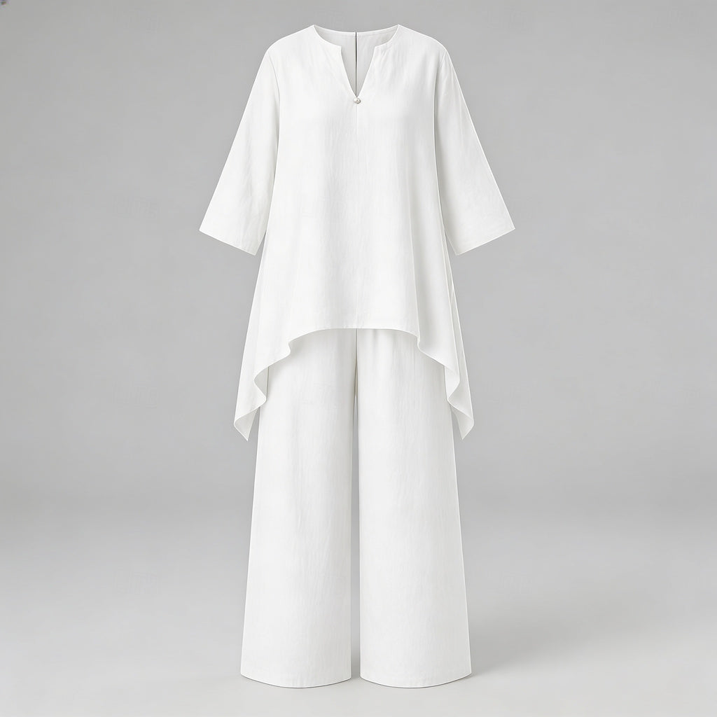Women Two Piece Linen Set Long Tunic Top and Relaxed Pants Casual Everyday