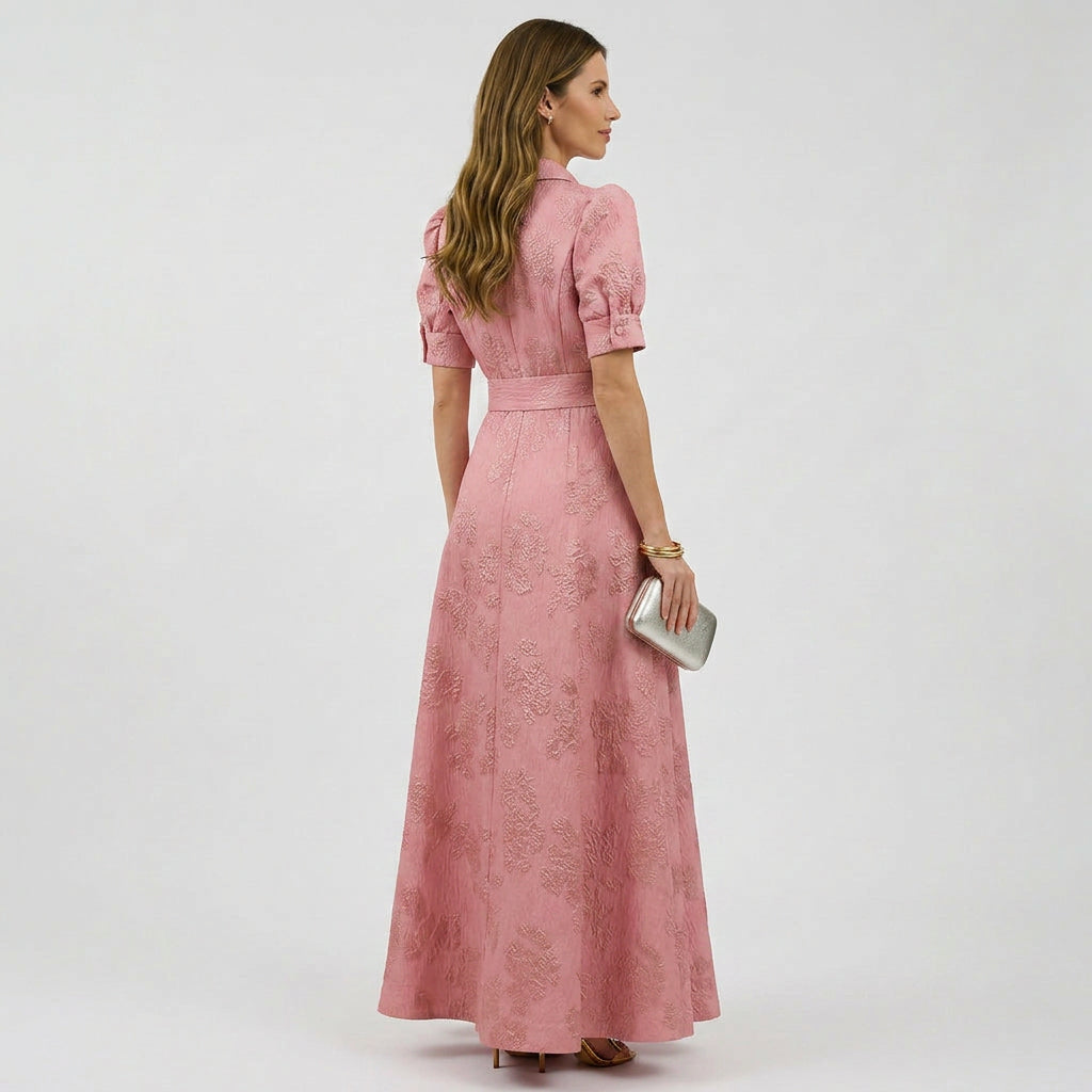 Women’s Maxi Shirt Dress Belted Waist – Puff Sleeve Occasion Dress
