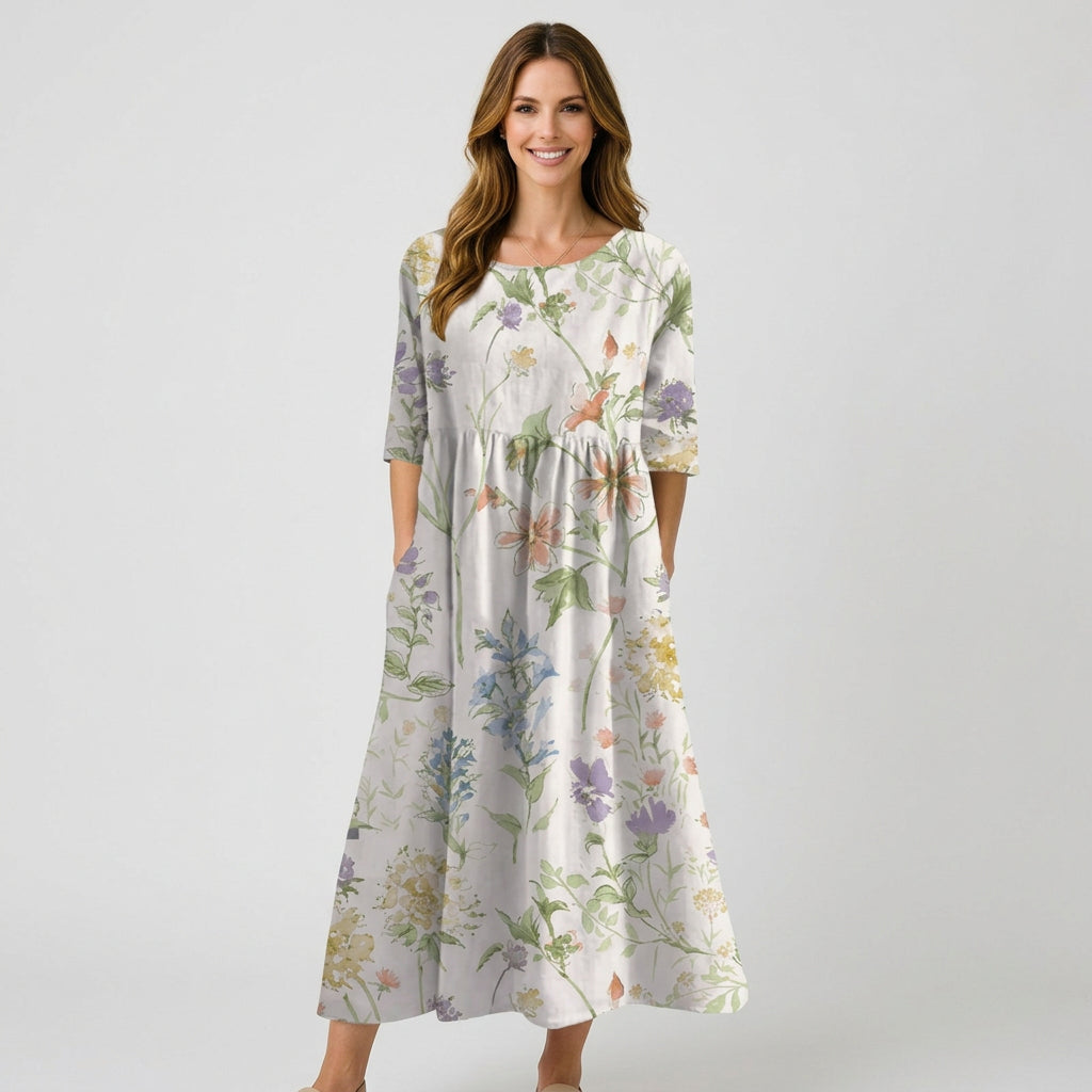 Women’s Floral Midi Dress Three Quarter Sleeve – Casual Printed Dress