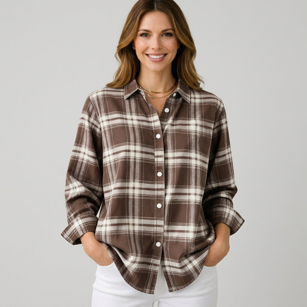 Women’s Plaid Button Front Shirt – Long Sleeve Casual Overshirt
