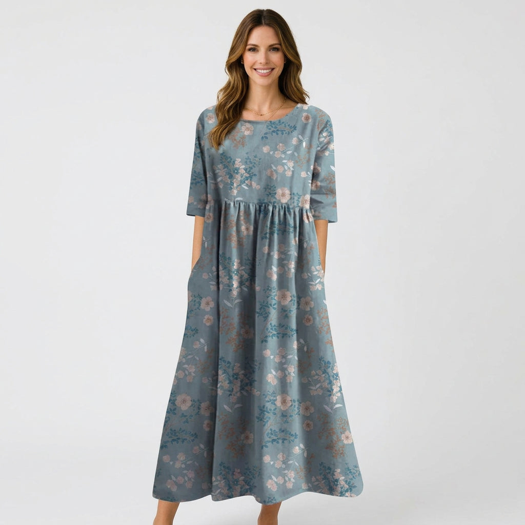 Women’s Floral Midi Dress Three Quarter Sleeve – Casual Printed Dress