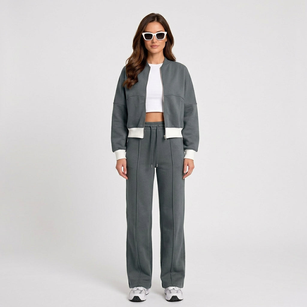 Women Two Piece Zip Jacket Set Wide Leg Pants Casual Everyday