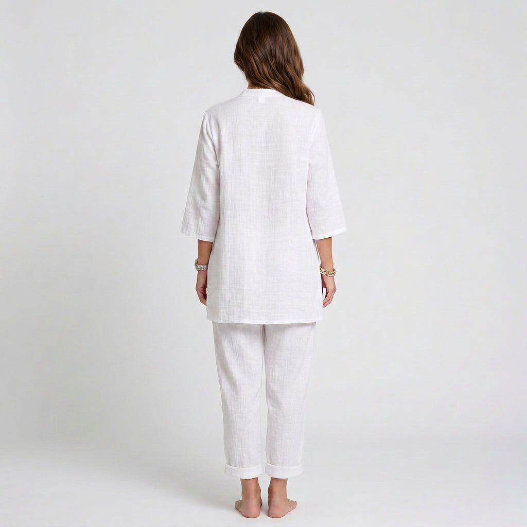 Women Two Piece Linen Set Long Tunic Top and Relaxed Pants Casual Everyday