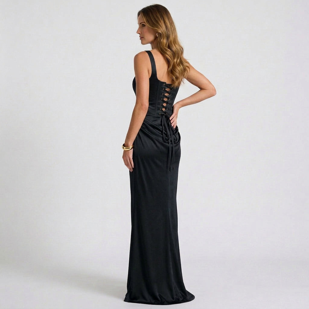 Women’s Square Neck Maxi Dress – Sleeveless Ruched Bodycon Evening Dress