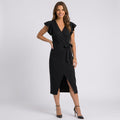 Women’s Wrap Midi Dress Flutter Sleeve – Draped Occasion Dress