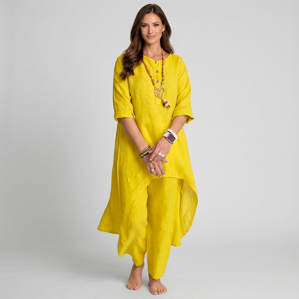 Women Two Piece Linen Set Long Tunic Top and Relaxed Pants Casual Everyday