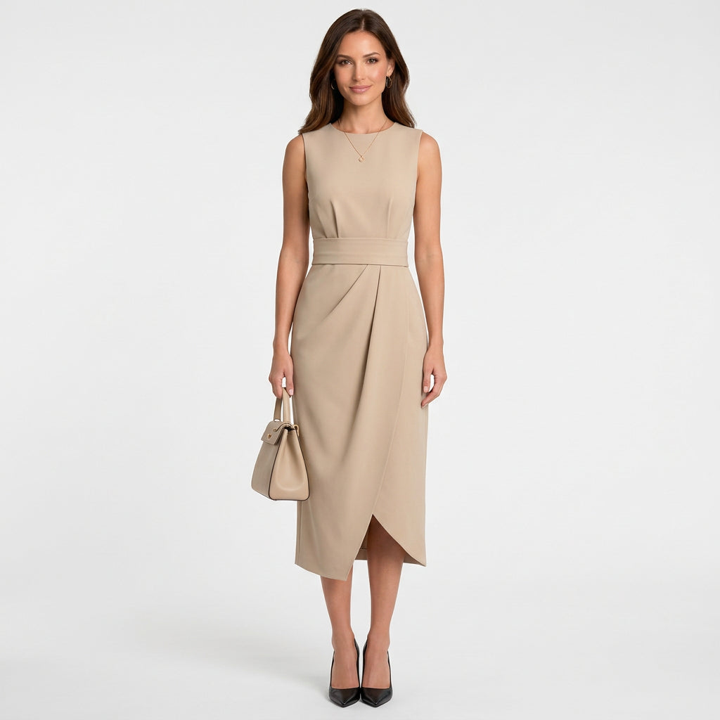 Women’s Sleeveless Midi Dress Defined Waist – Draped Workwear Dress