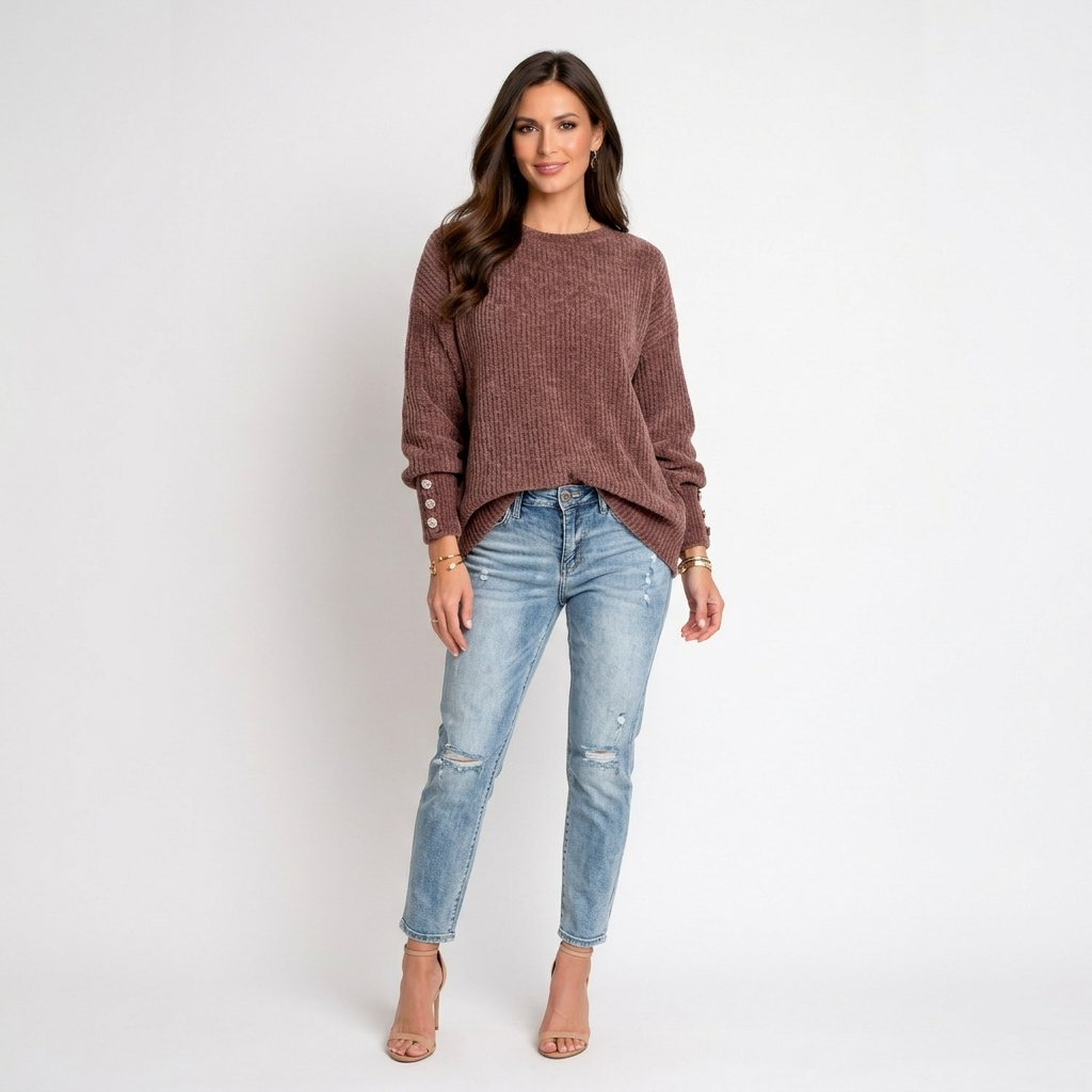 Women’s Oversized Ribbed Knit Sweater – Long Sleeve Button Cuff Pullover