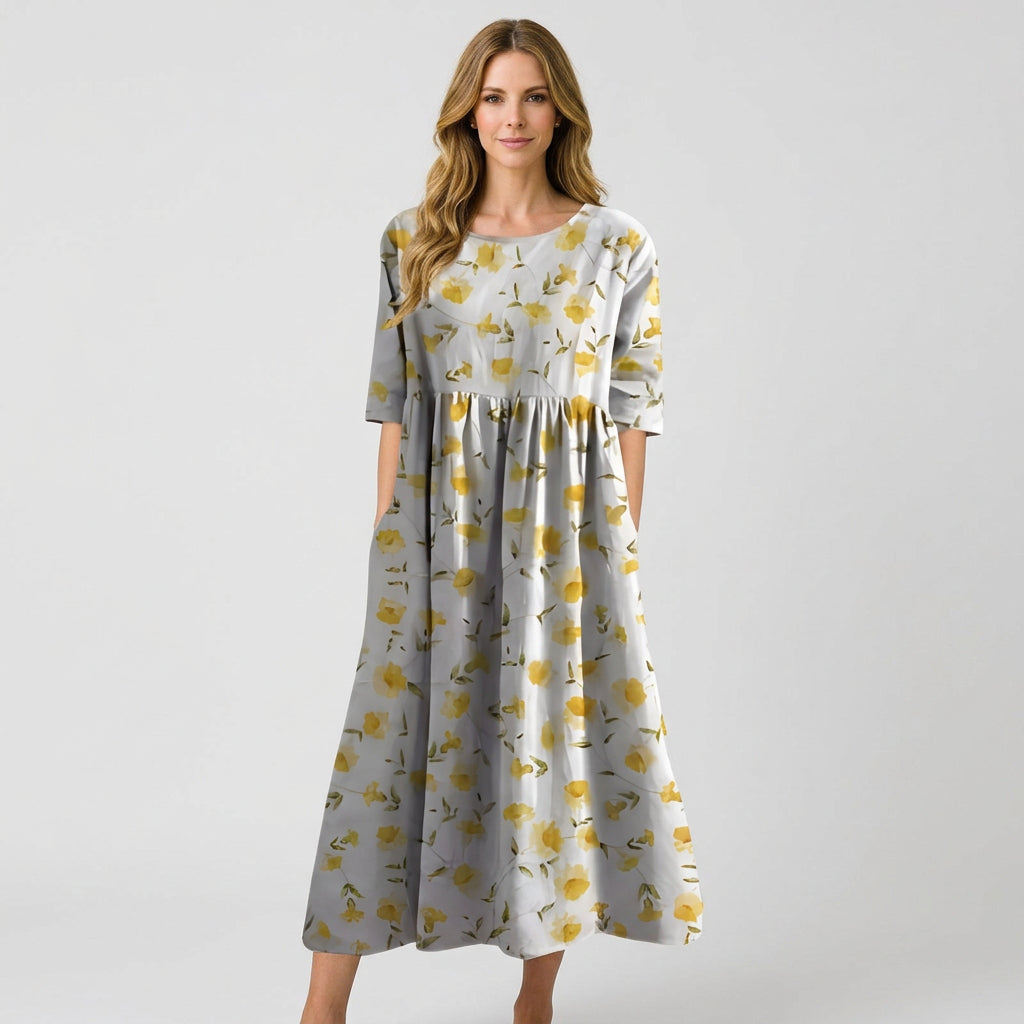 Women’s Floral Midi Dress Three Quarter Sleeve – Casual Printed Dress