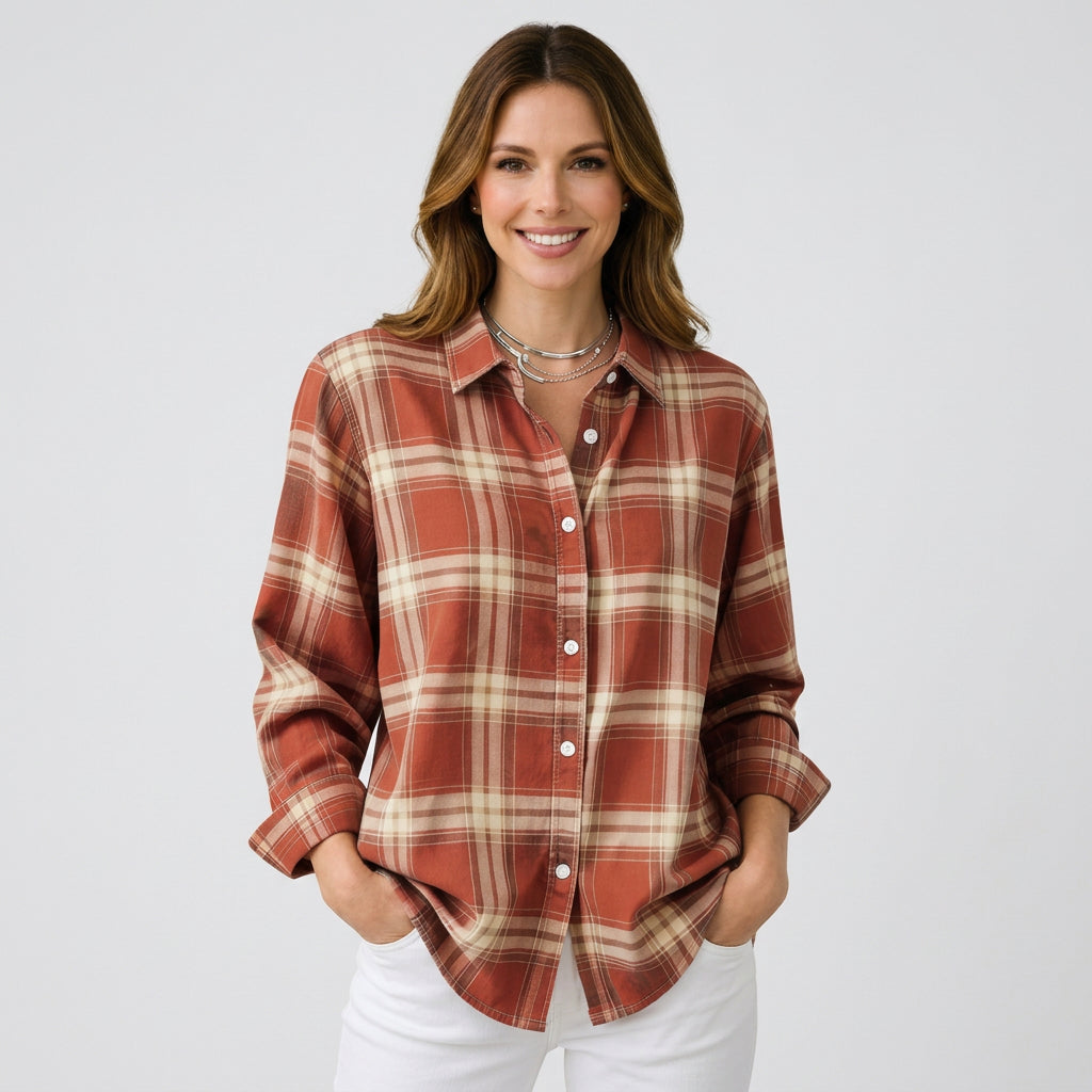 Women’s Plaid Button Front Shirt – Long Sleeve Casual Overshirt