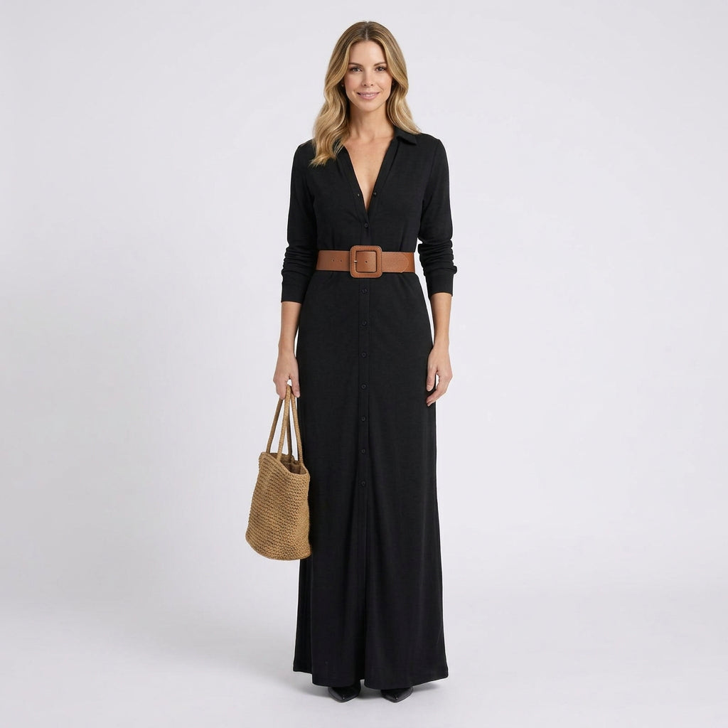 Women’s Maxi Shirt Dress Belted Waist – Long Sleeve Occasion Dress