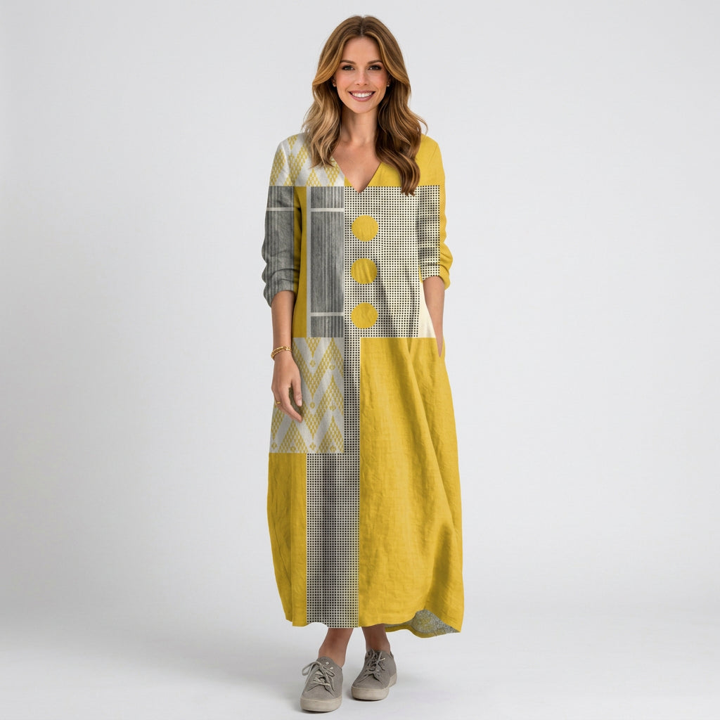 Geometric Print V Neck Maxi Dress Women