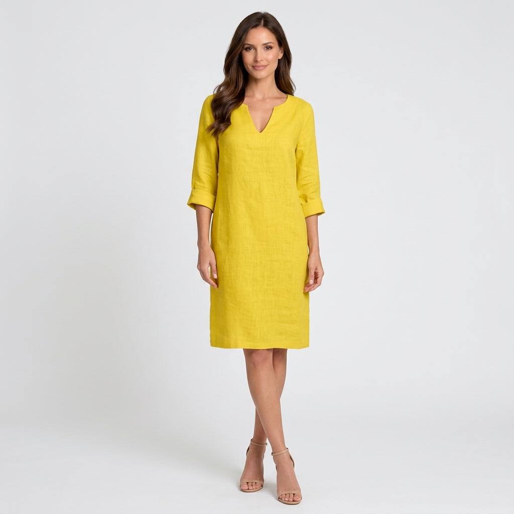Women V Neck Linen Mini Dress Three Quarter Sleeve - Casual Linen Dress