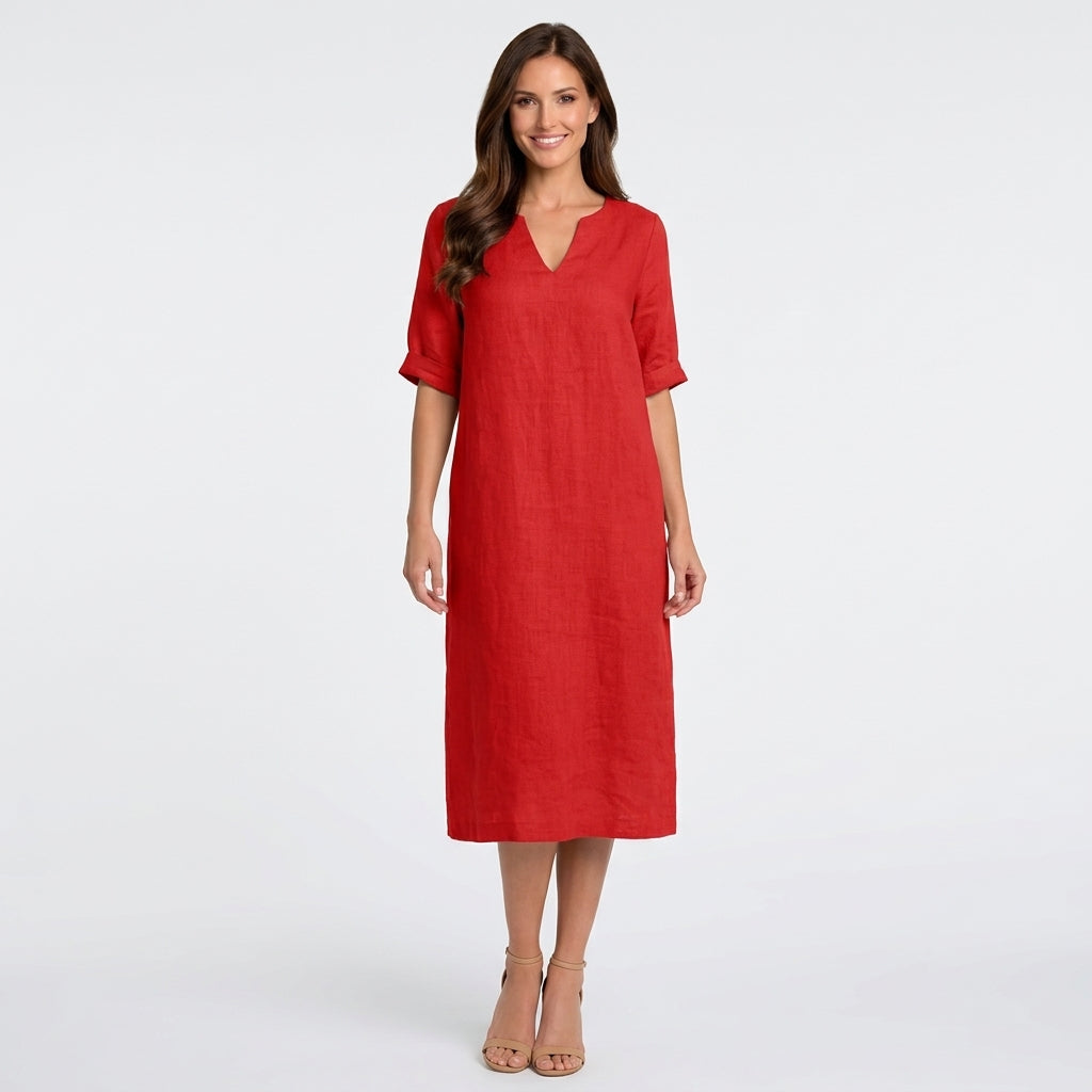 Women V Neck Linen Mini Dress Three Quarter Sleeve - Casual Linen Dress