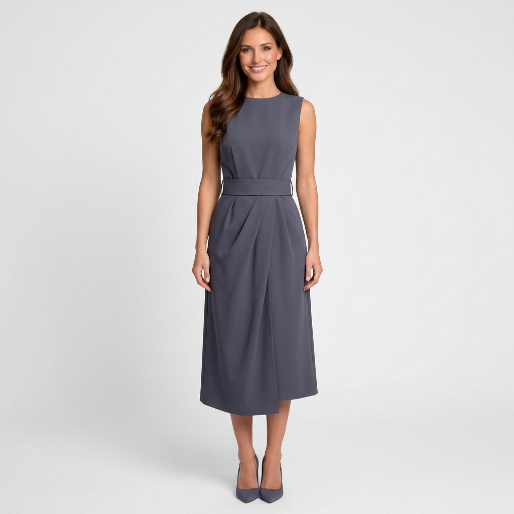 Women’s Sleeveless Midi Dress Defined Waist – Draped Workwear Dress