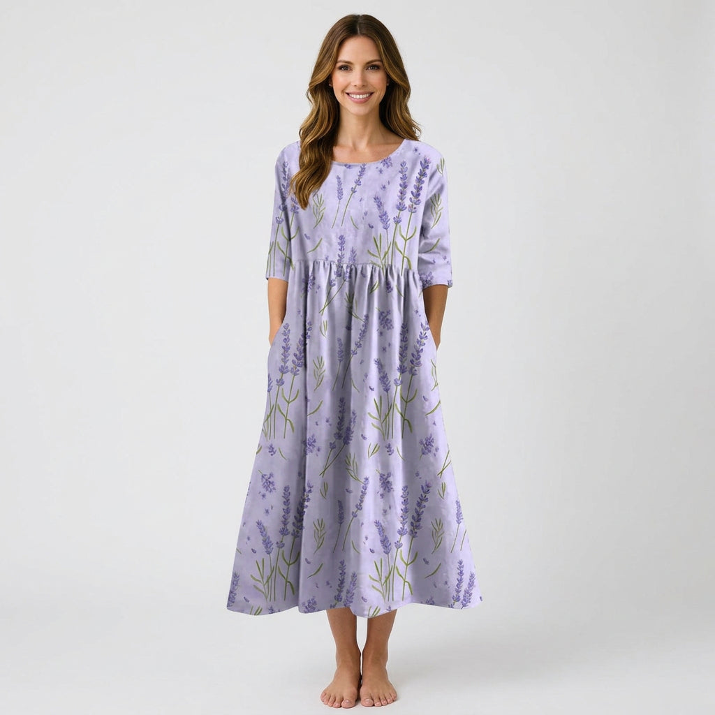 Women’s Floral Midi Dress Three Quarter Sleeve – Casual Printed Dress