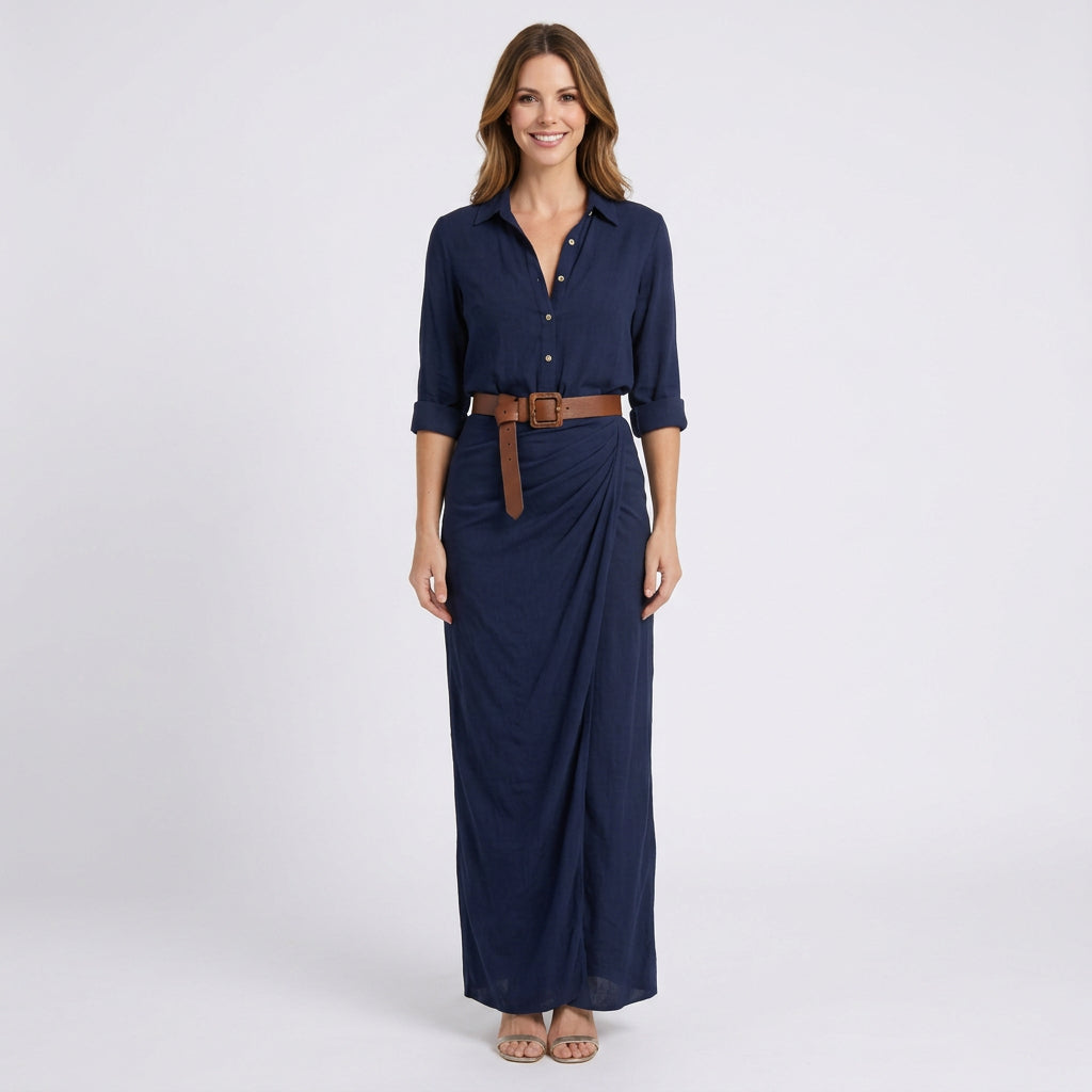 Women’s Maxi Shirt Dress Belted Waist – Long Sleeve Occasion Dress