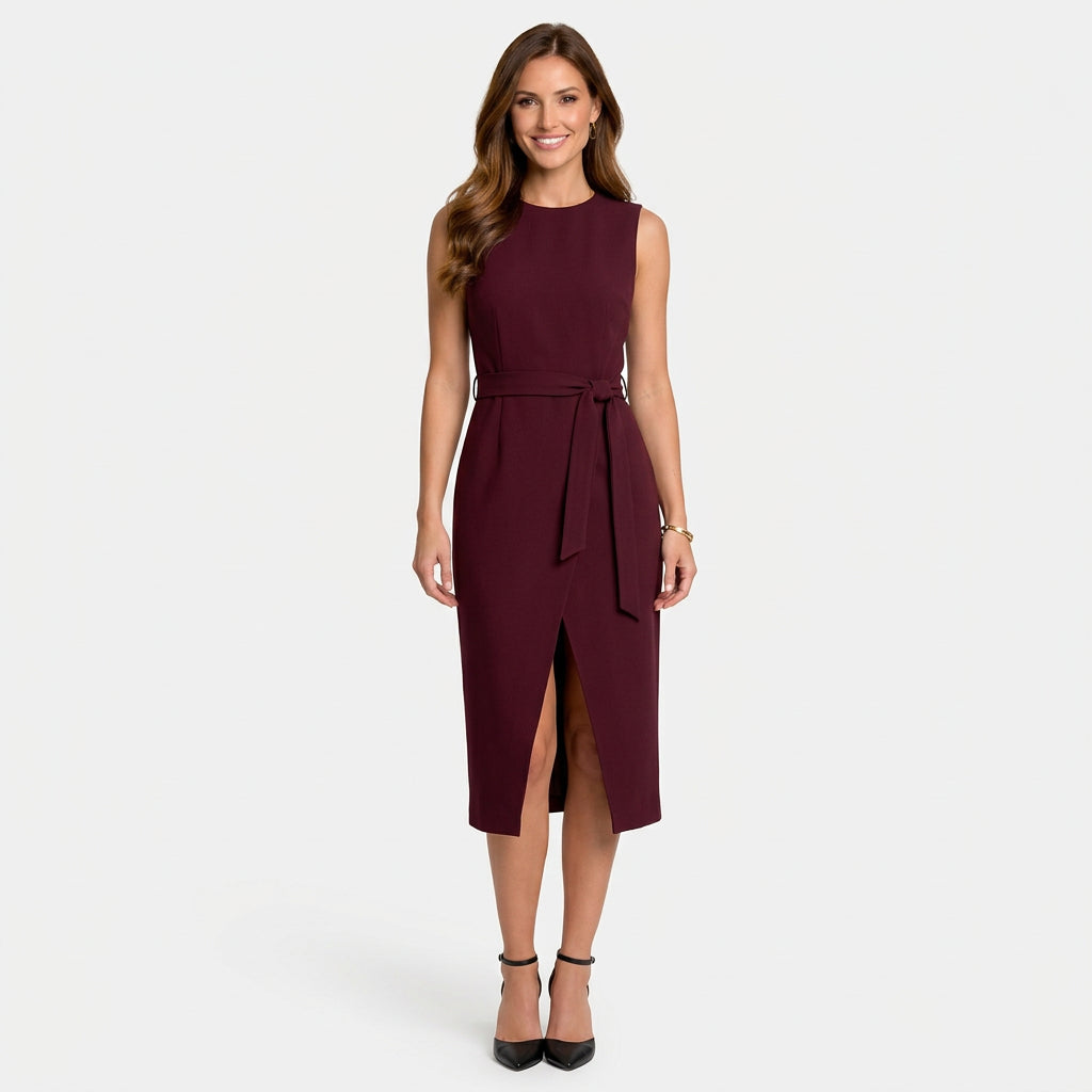 Women’s Sleeveless Midi Dress Defined Waist – Draped Workwear Dress