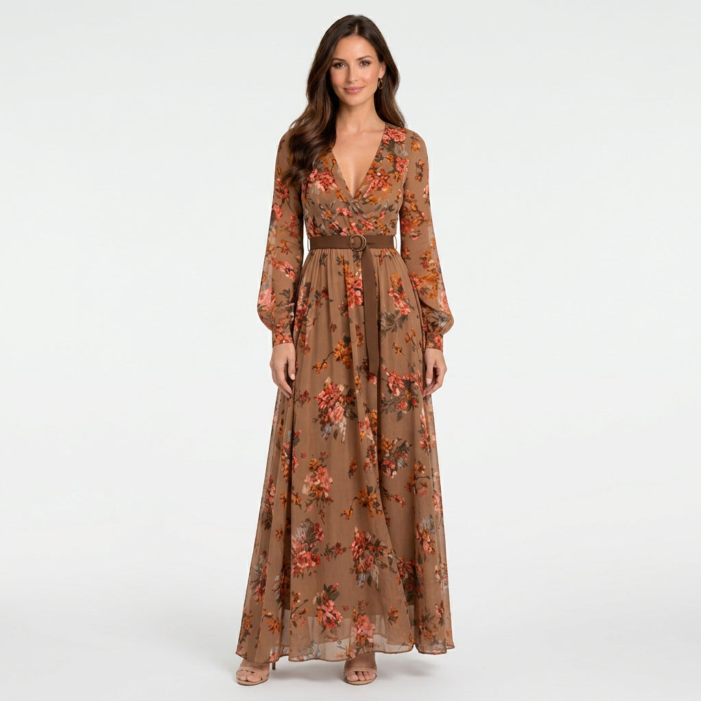 Women’s Embroidered Maxi Dress Long Sleeve – Belted Tiered Occasion Dress