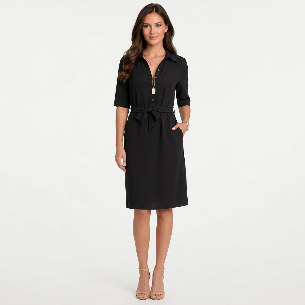 Women’s Shirt Dress Belted Waist – Midi Casual Workwear Dress