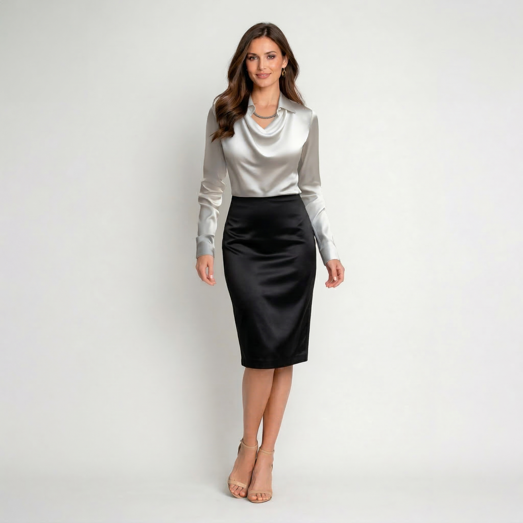 Women’s Long Sleeve Satin Blouse – Collared Cowl Neck Work Top