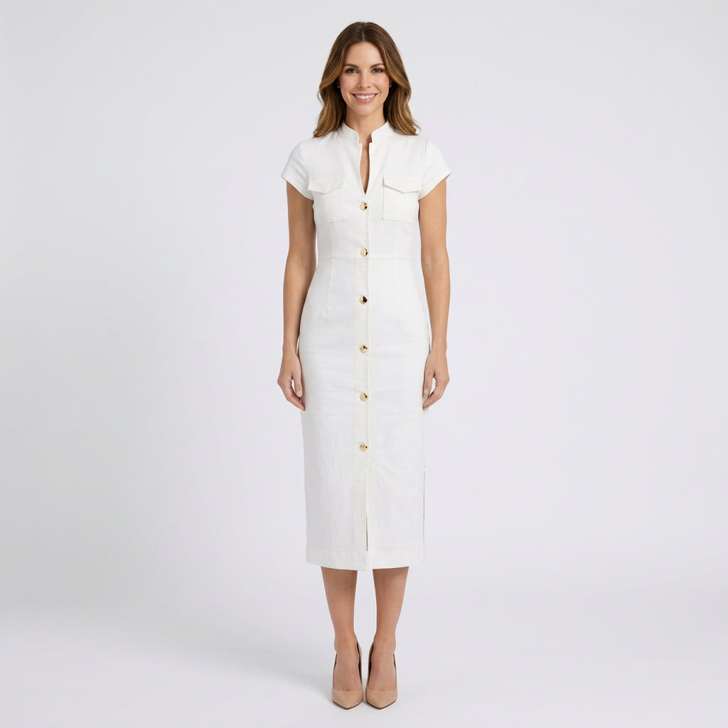 Women’s Button Front Midi Dress Structured Fit – Short Sleeve Everyday Dress