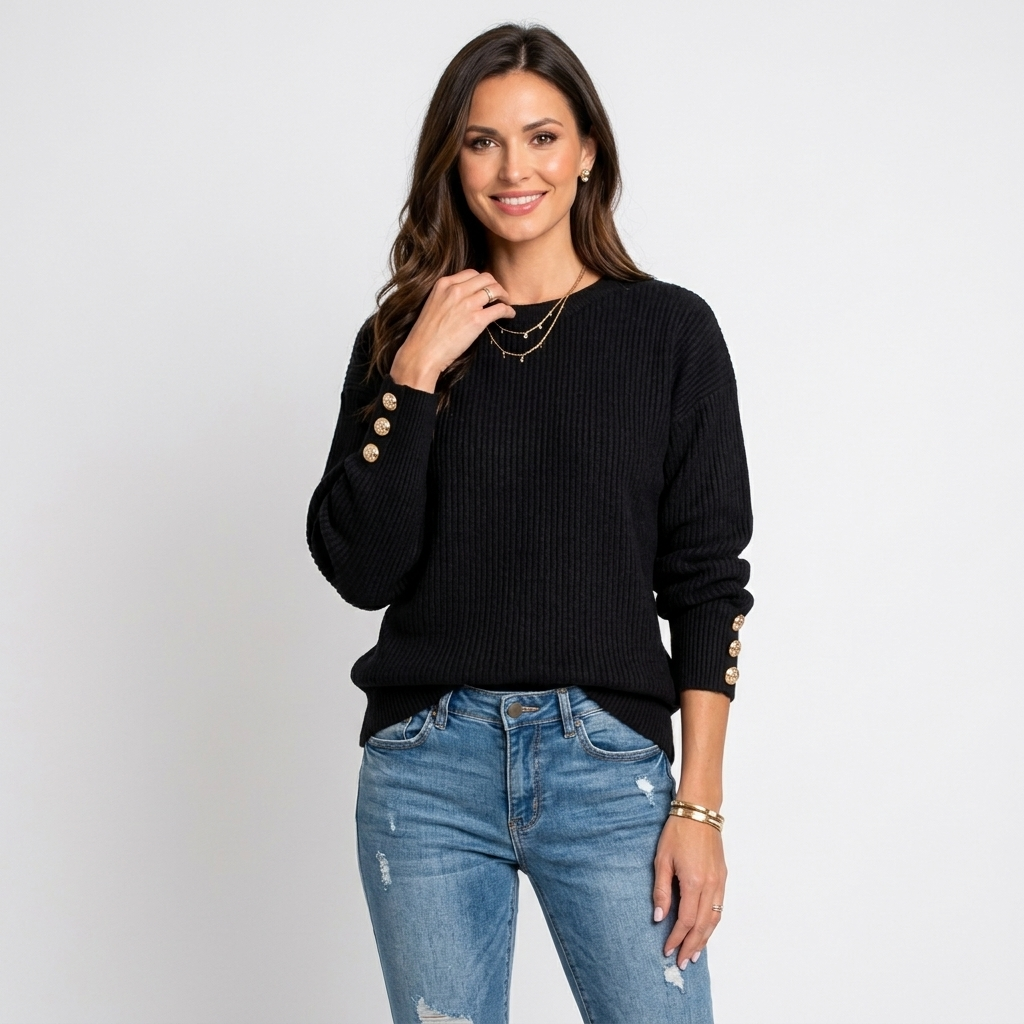 Women’s Oversized Ribbed Knit Sweater – Long Sleeve Button Cuff Pullover