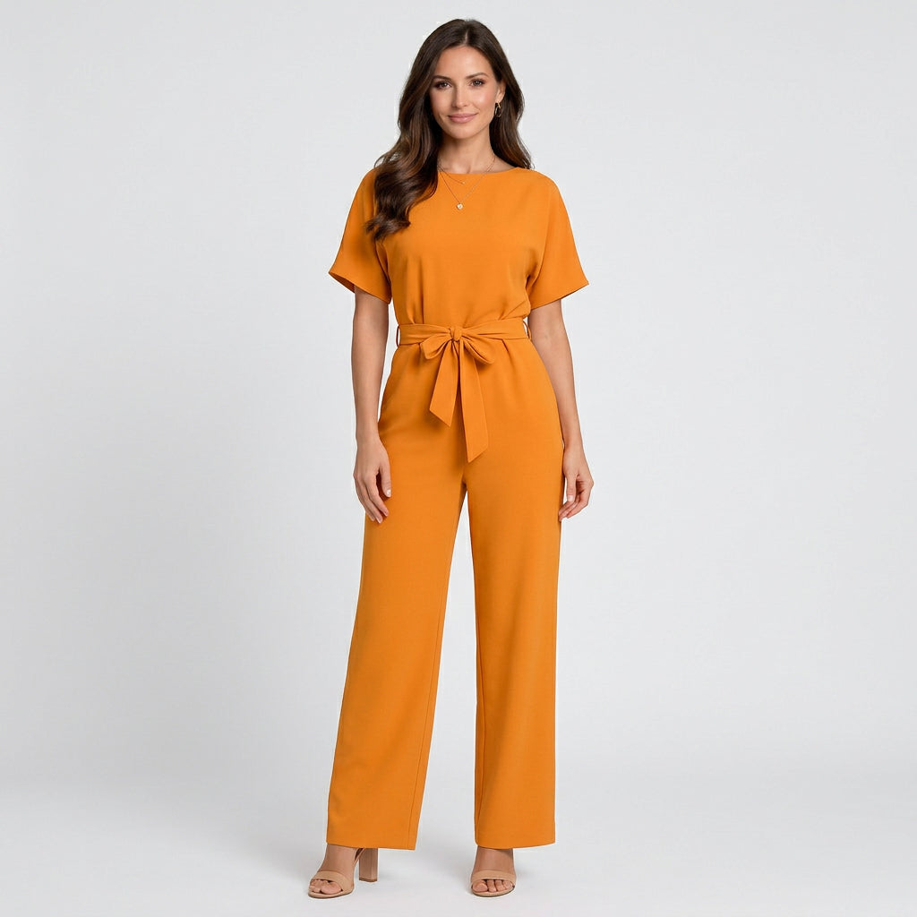 Women’s Wide Leg Jumpsuit Belted Waist – Short Sleeve One Piece