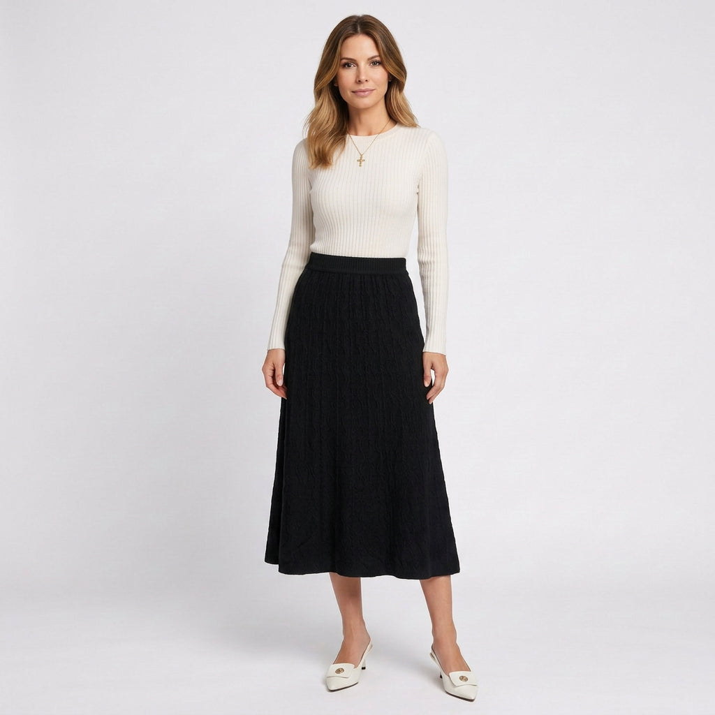 Women’s Knit Midi Skirt A Line – Textured Pull On Sweater Skirt