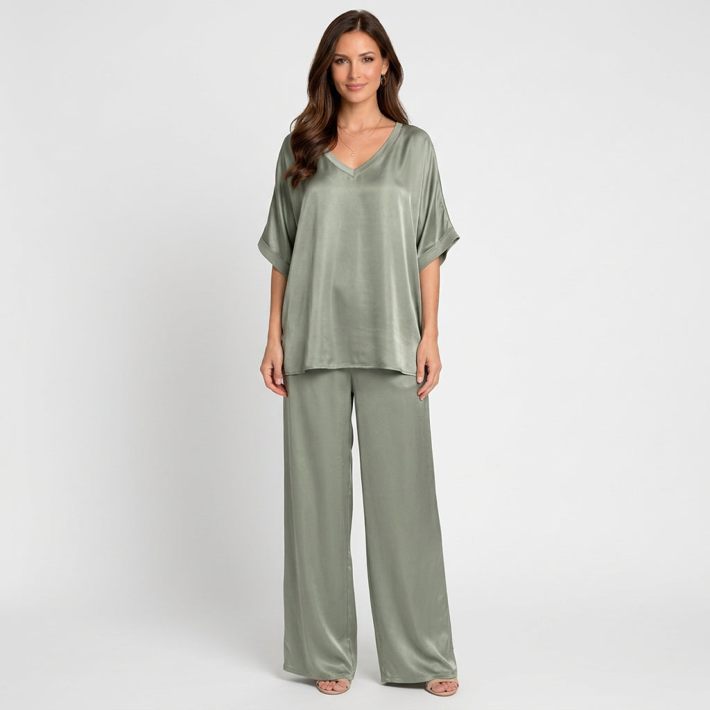 Women’s Satin Lounge Set Relaxed Fit – Two Piece Wide Leg Set