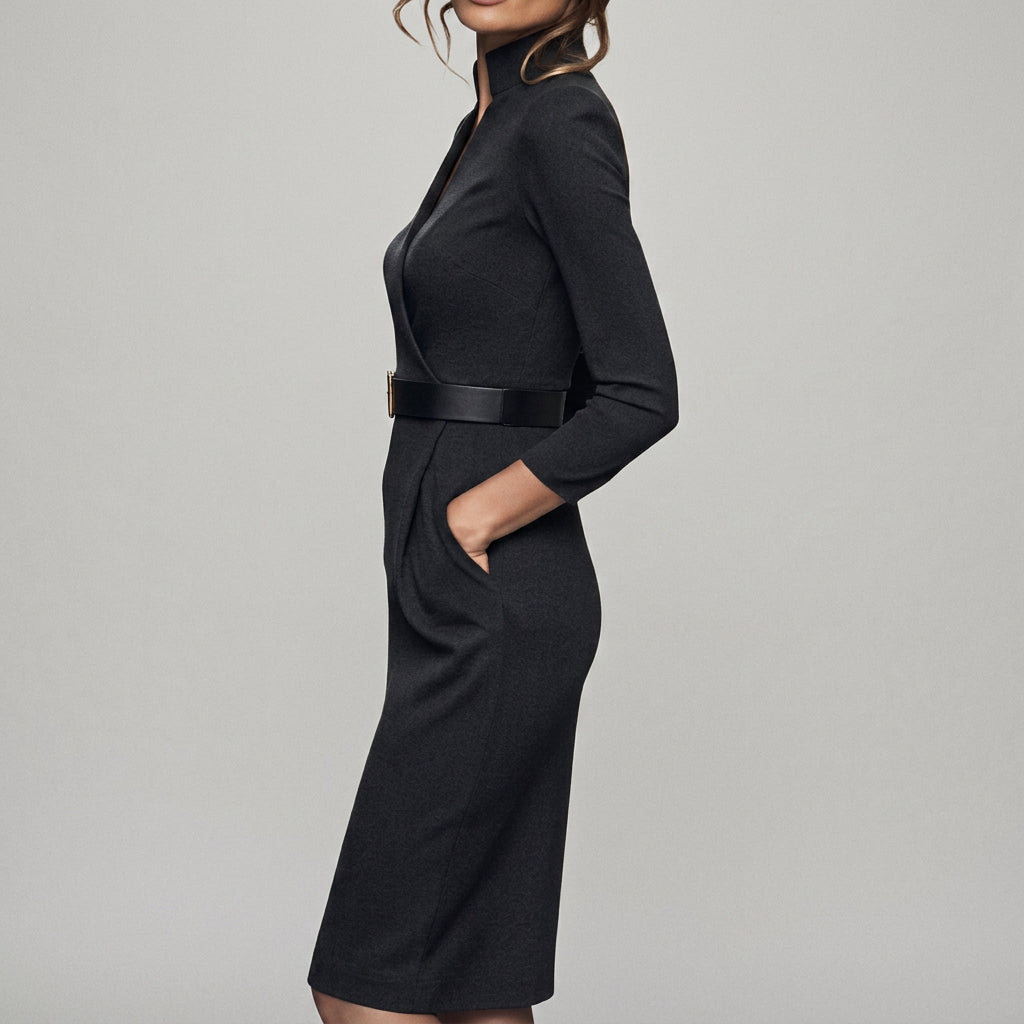Women’s Belted Midi Dress Three Quarter Sleeve – Tailored Workwear Dress