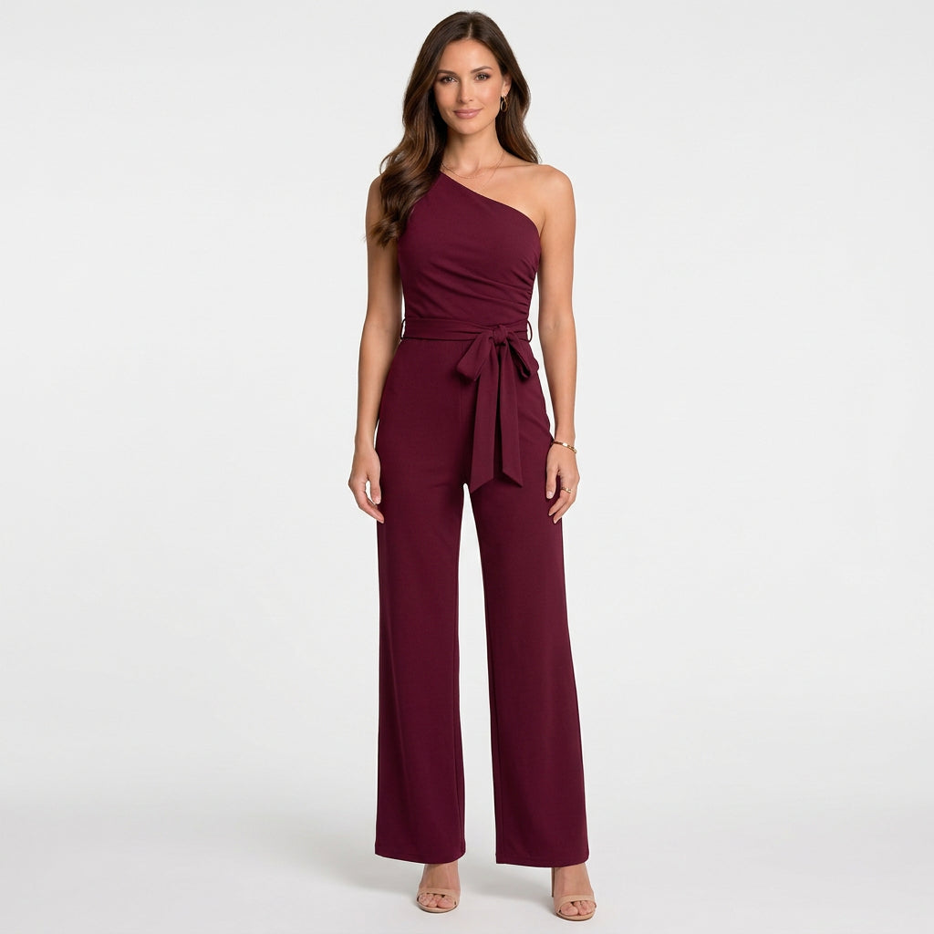 Women’s One Shoulder Jumpsuit Belted Waist – Wide Leg Formal Jumpsuit