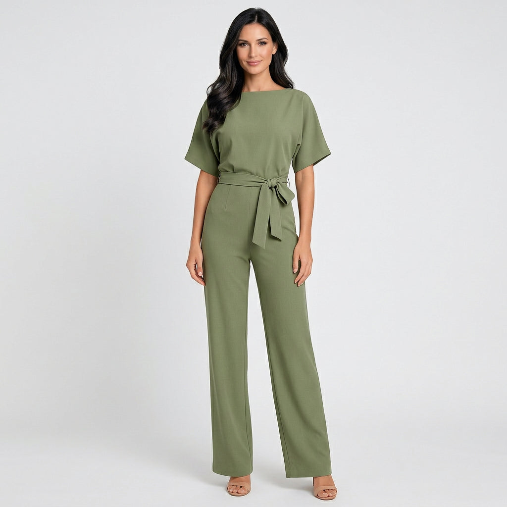 Women’s Wide Leg Jumpsuit Belted Waist – Short Sleeve One Piece