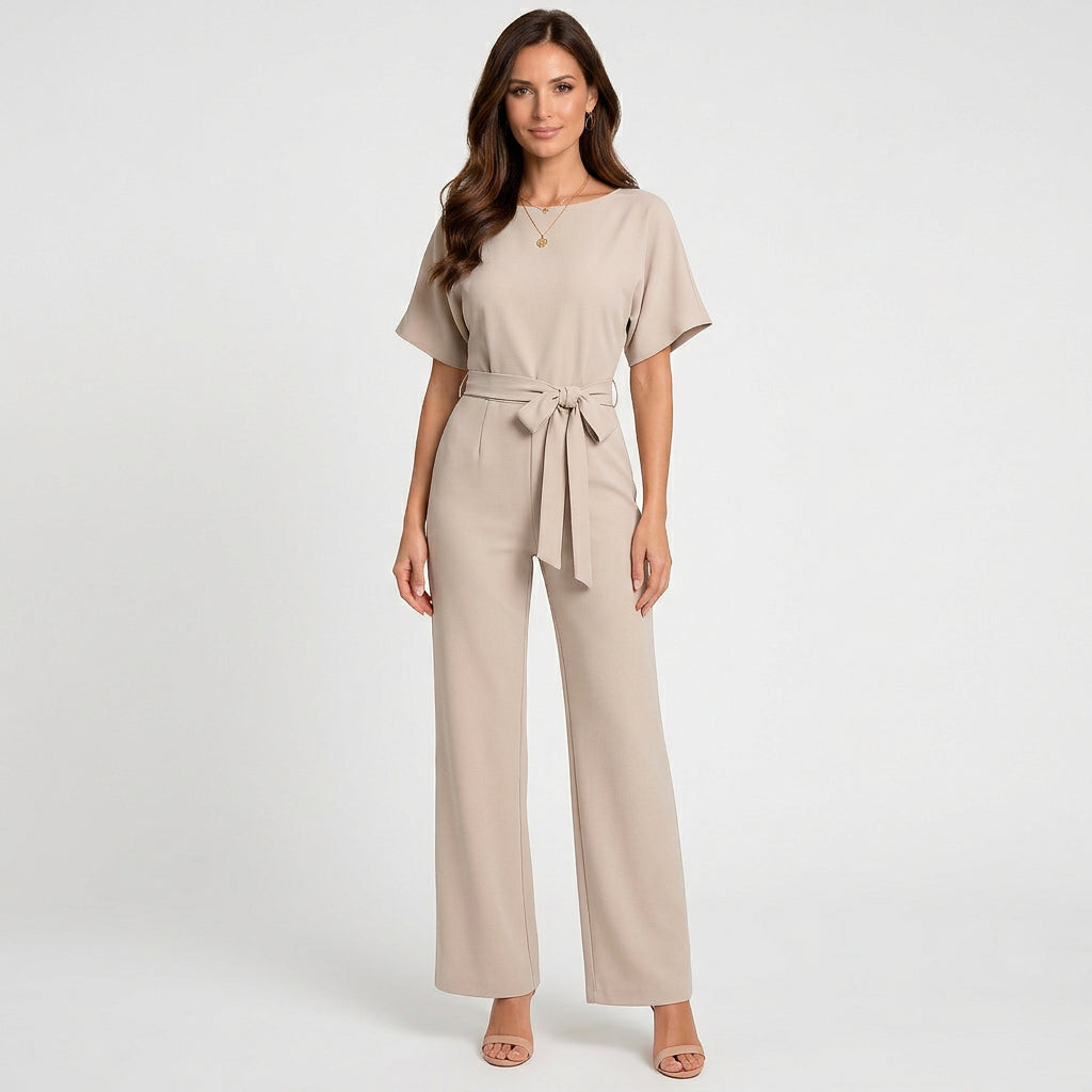 Women’s Wide Leg Jumpsuit Belted Waist – Short Sleeve One Piece