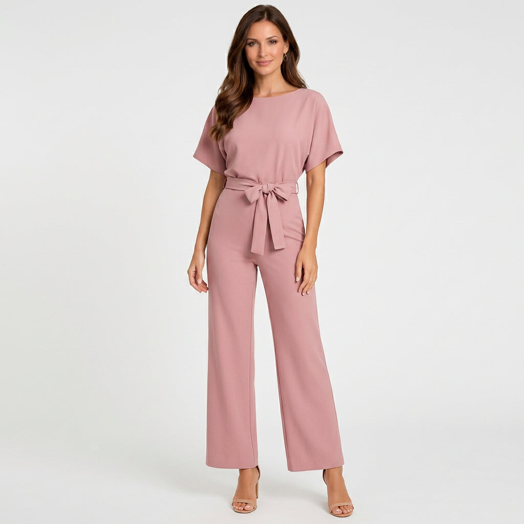 Women’s Wide Leg Jumpsuit Belted Waist – Short Sleeve One Piece