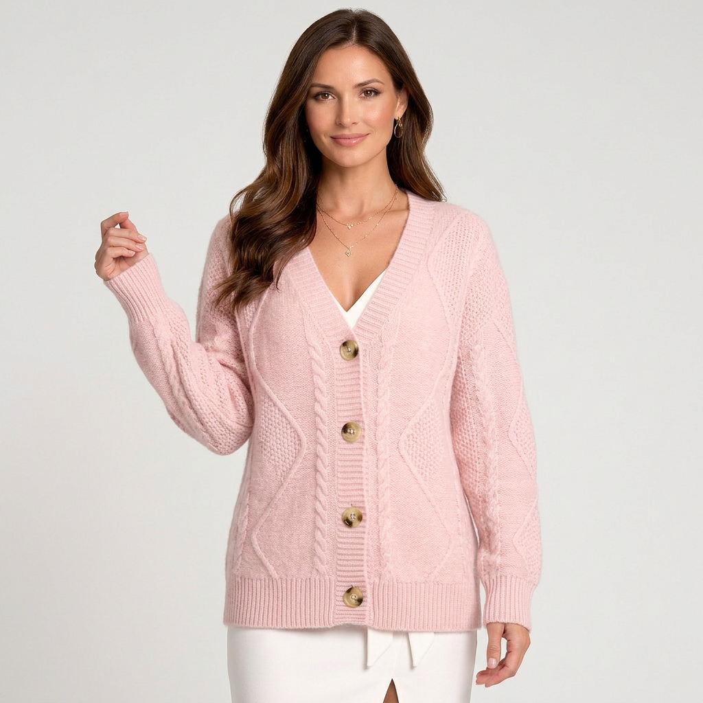 Women’s Cable Knit Cardigan – Button Front V-Neck Cardigan