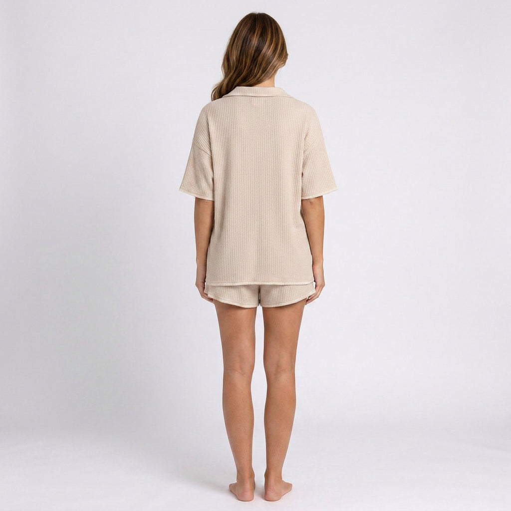 Women Beige Knit Shirt and Shorts Set