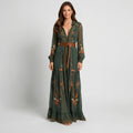 Women’s Embroidered Maxi Dress Long Sleeve – Belted Tiered Occasion Dress