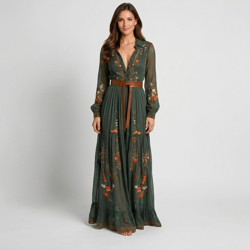 Women’s Embroidered Maxi Dress Long Sleeve – Belted Tiered Occasion Dress