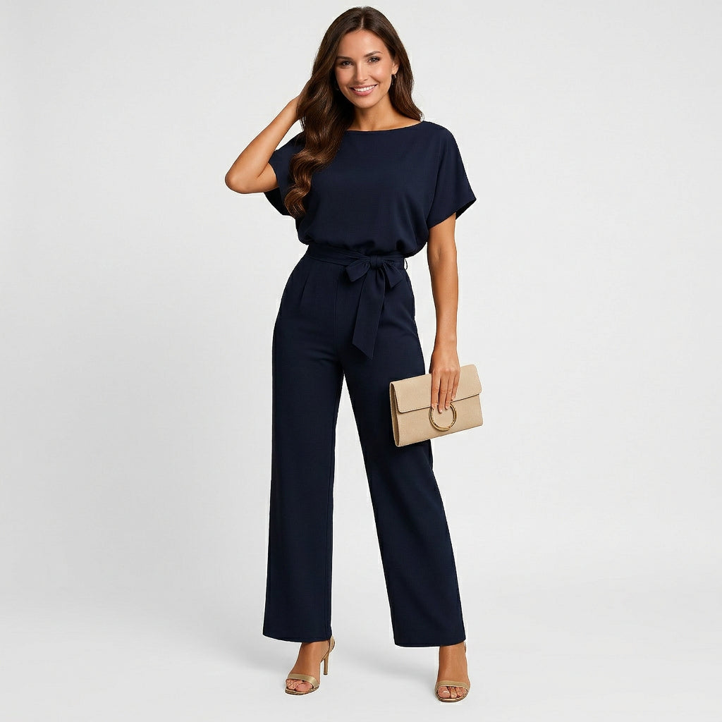 Women’s Wide Leg Jumpsuit Belted Waist – Short Sleeve One Piece