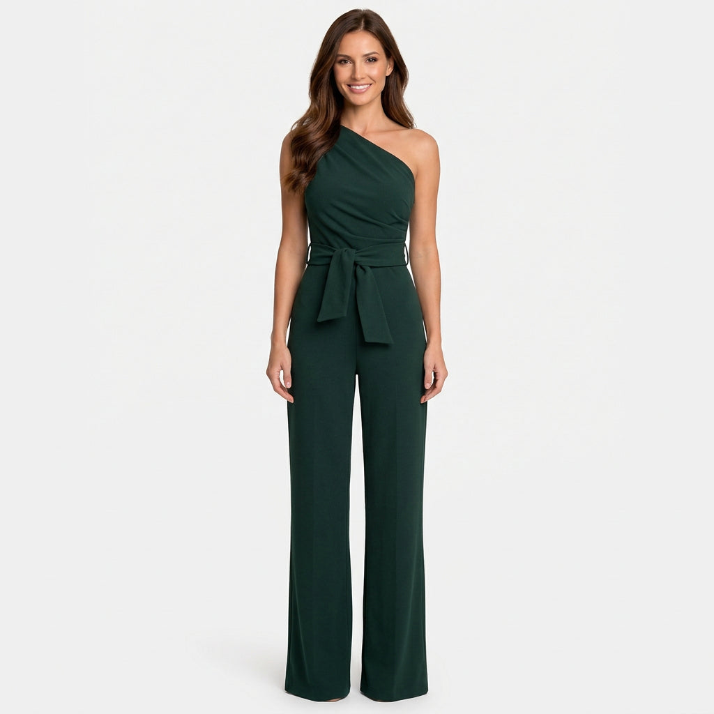 Women’s One Shoulder Jumpsuit Belted Waist – Wide Leg Formal Jumpsuit