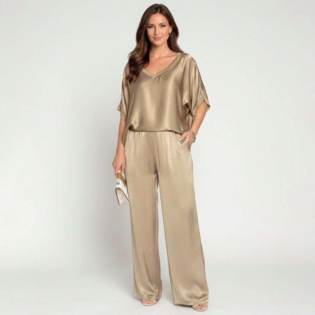 Women’s Satin Lounge Set Relaxed Fit – Two Piece Wide Leg Set