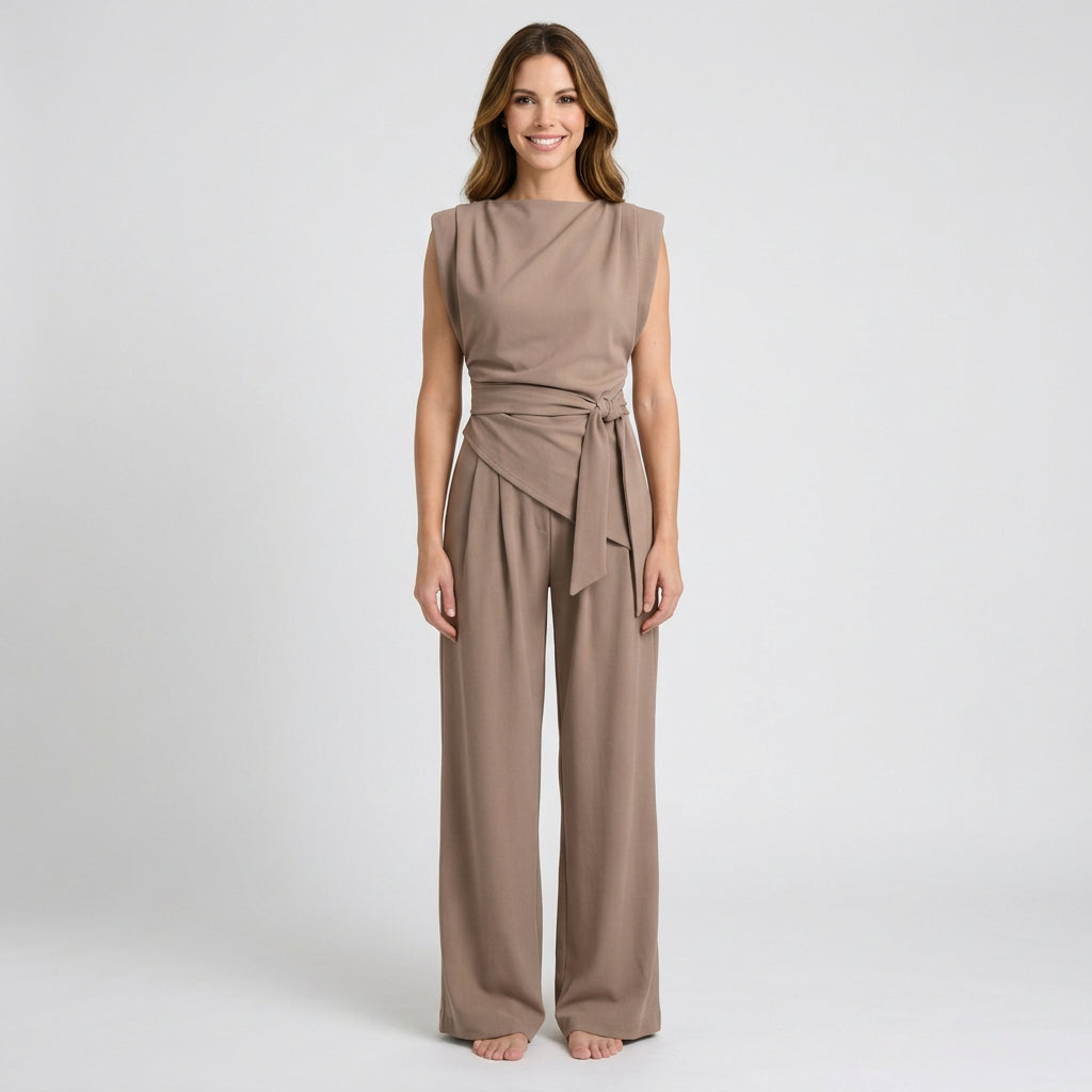 Women’s Wide Leg Jumpsuit Belted Waist – Sleeveless Occasion One Piece