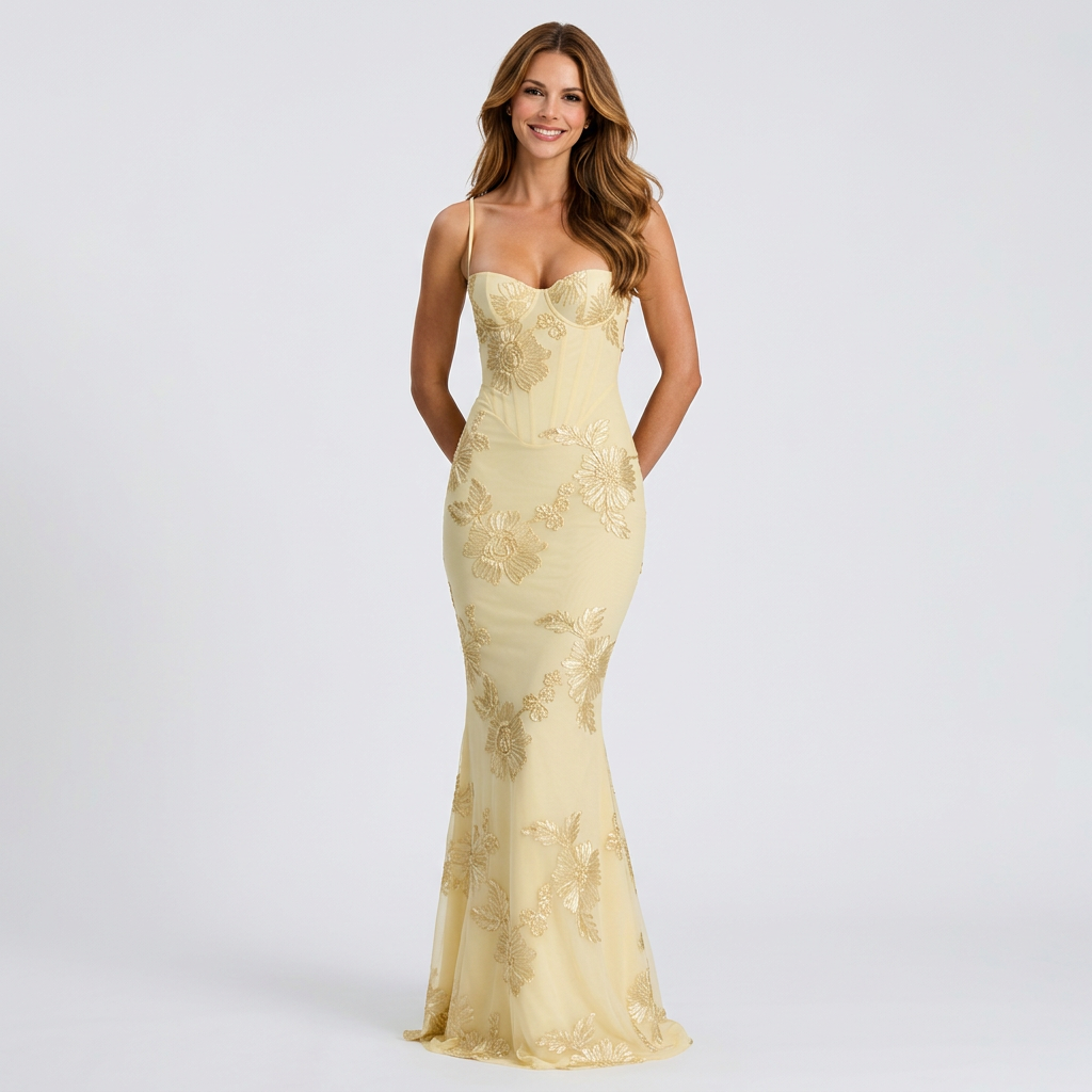 Women’s Floral Embellished Maxi Dress Spaghetti Strap – Elegant Evening Gown