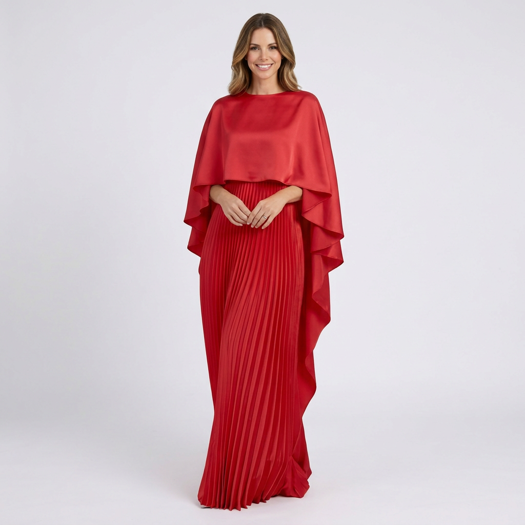 Women Pleated Maxi Dress Cape Sleeve Formal Occasion