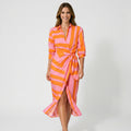 Women’s Long Sleeve Wrap Shirt Dress – Striped Midi Dress with Waist Tie