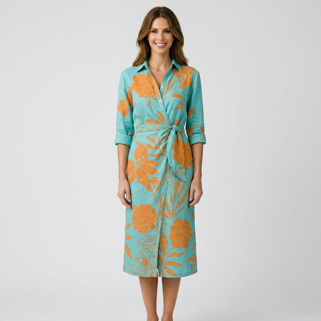 Women’s Long Sleeve Wrap Shirt Dress – Striped Midi Dress with Waist Tie