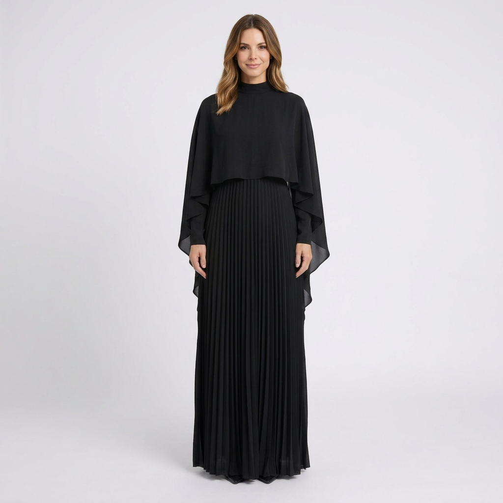 Women Pleated Maxi Dress Cape Sleeve Formal Occasion