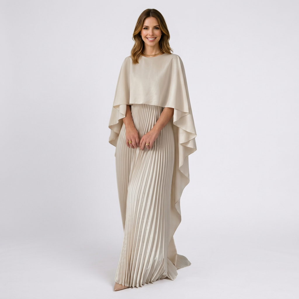 Women Pleated Maxi Dress Cape Sleeve Formal Occasion